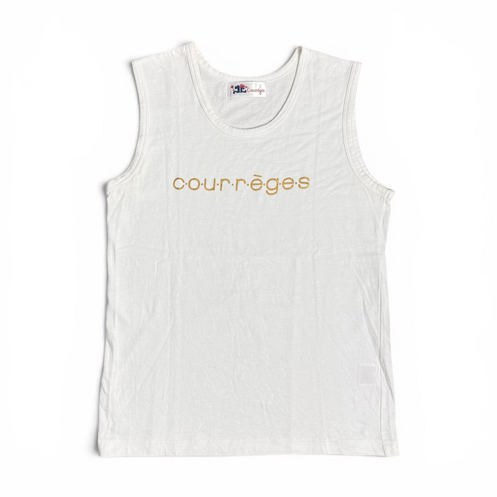 vintage 2000s courrèges paris white tank top with glittery gold spellout