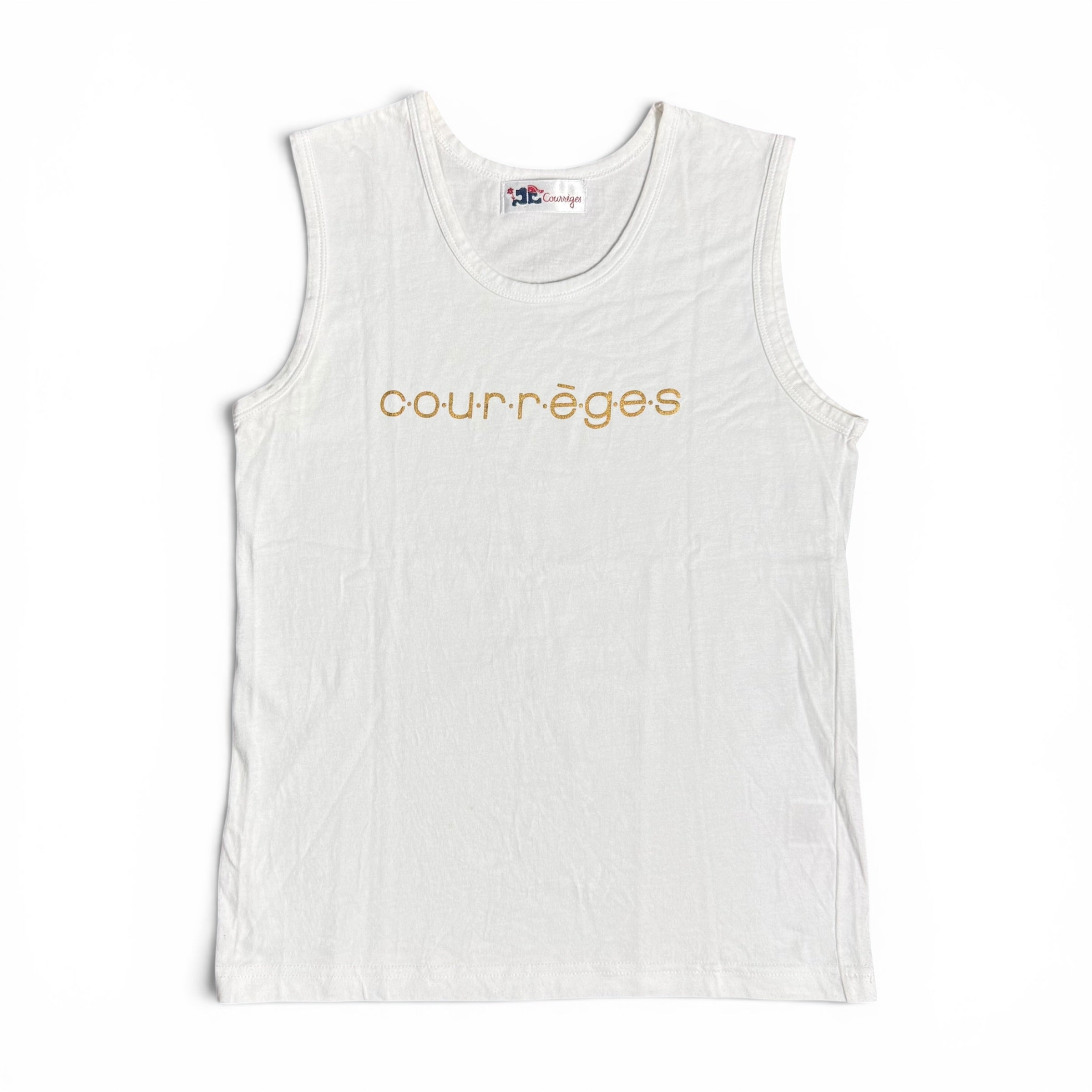 vintage 2000s courrèges paris white tank top with glittery gold spellout