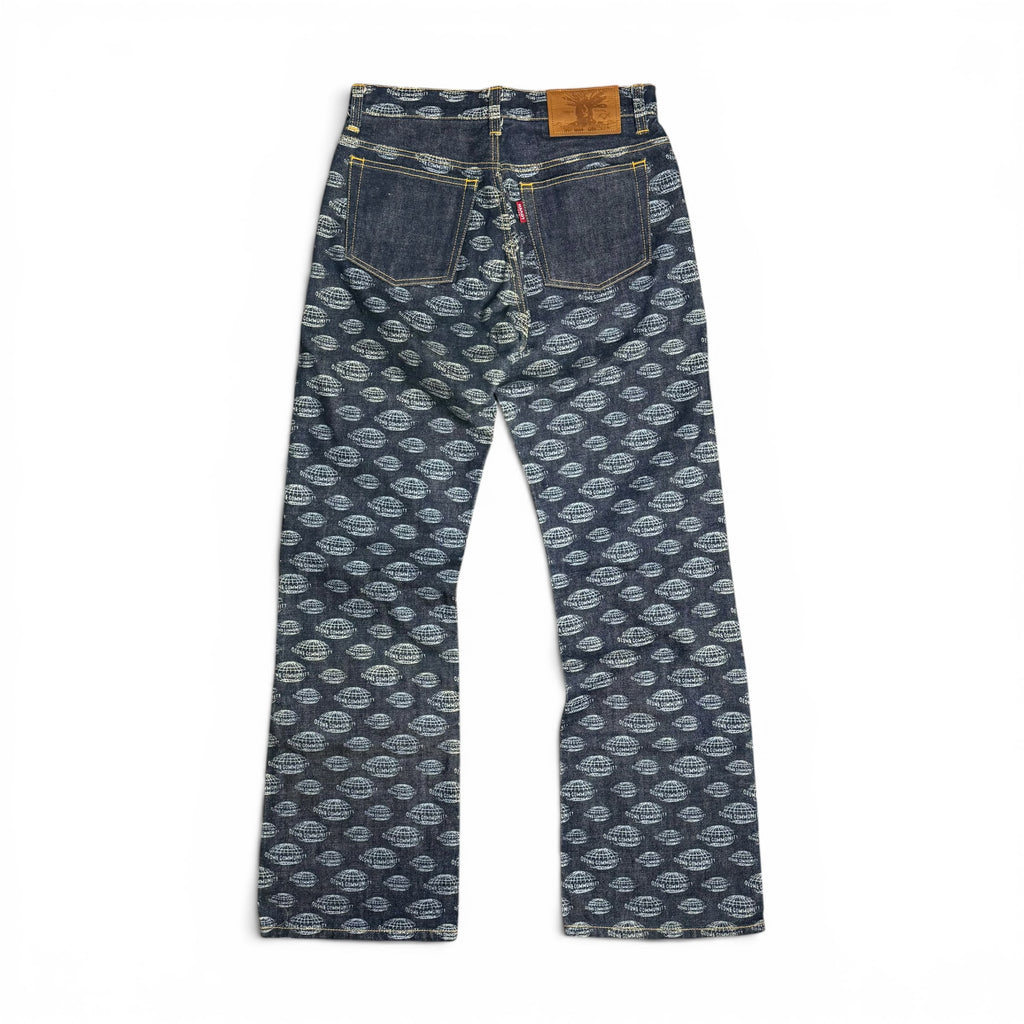 vintage ozone community all over print globe logo flared japanese denim