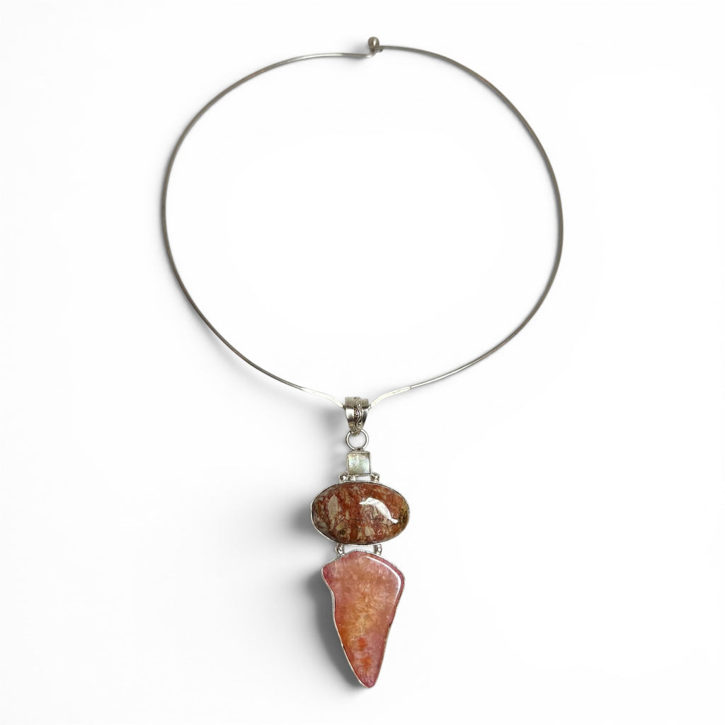 vintage 925 sterling silver jasper quartz torque collar choker + statement pendant set