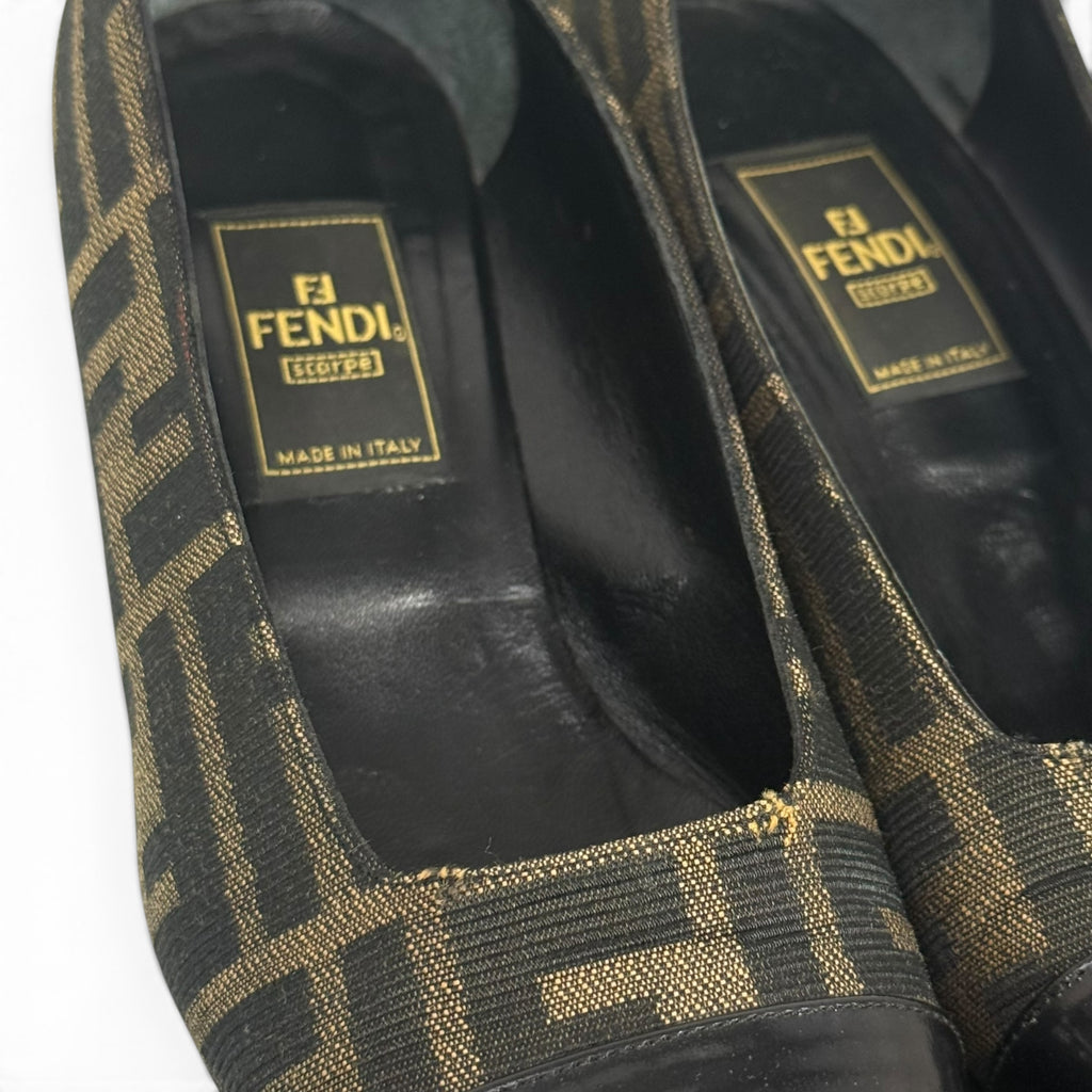 vintage fendi zucca monogram canvas + black leather cap toe block heel pumps