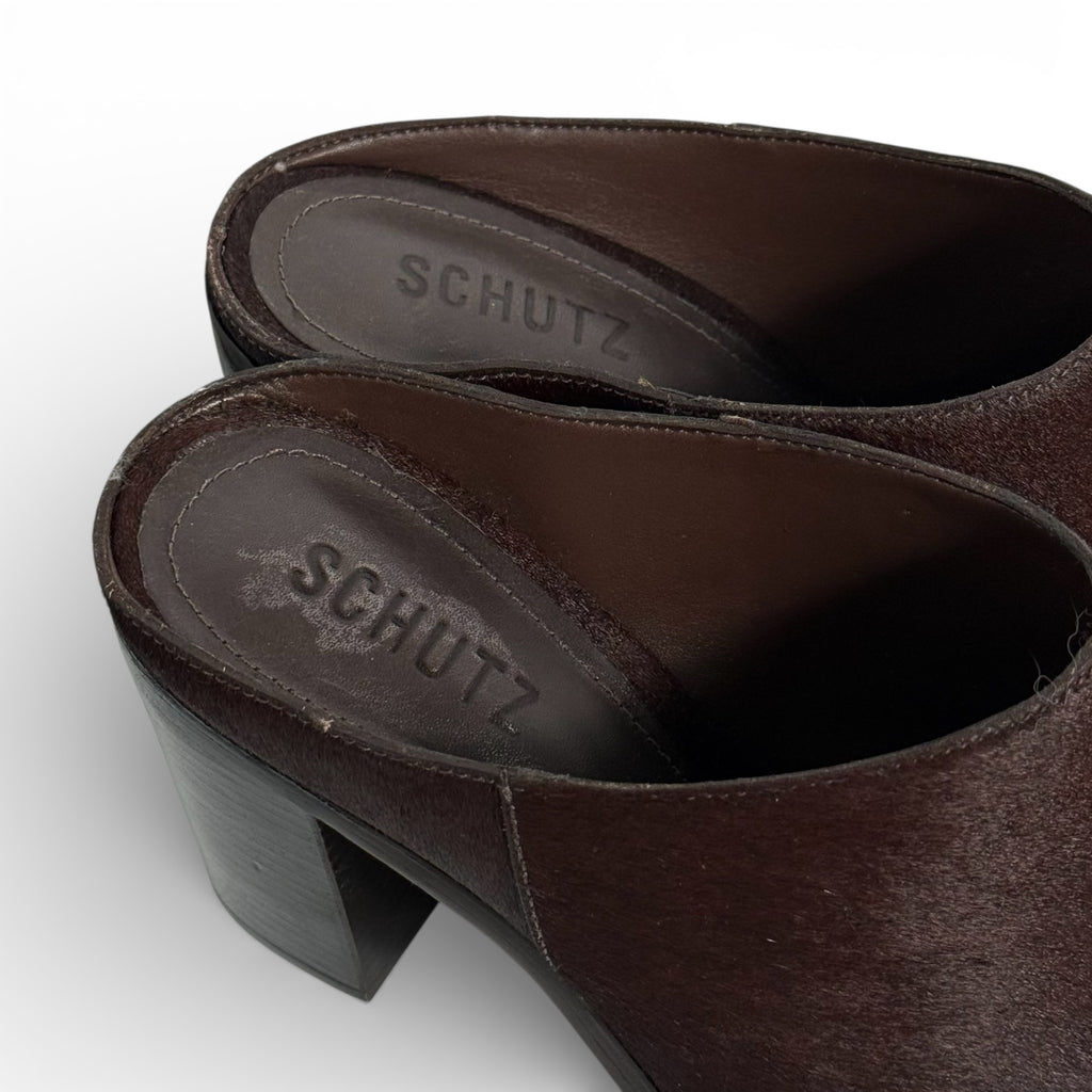 schutz mikki mules in dark red calf hair