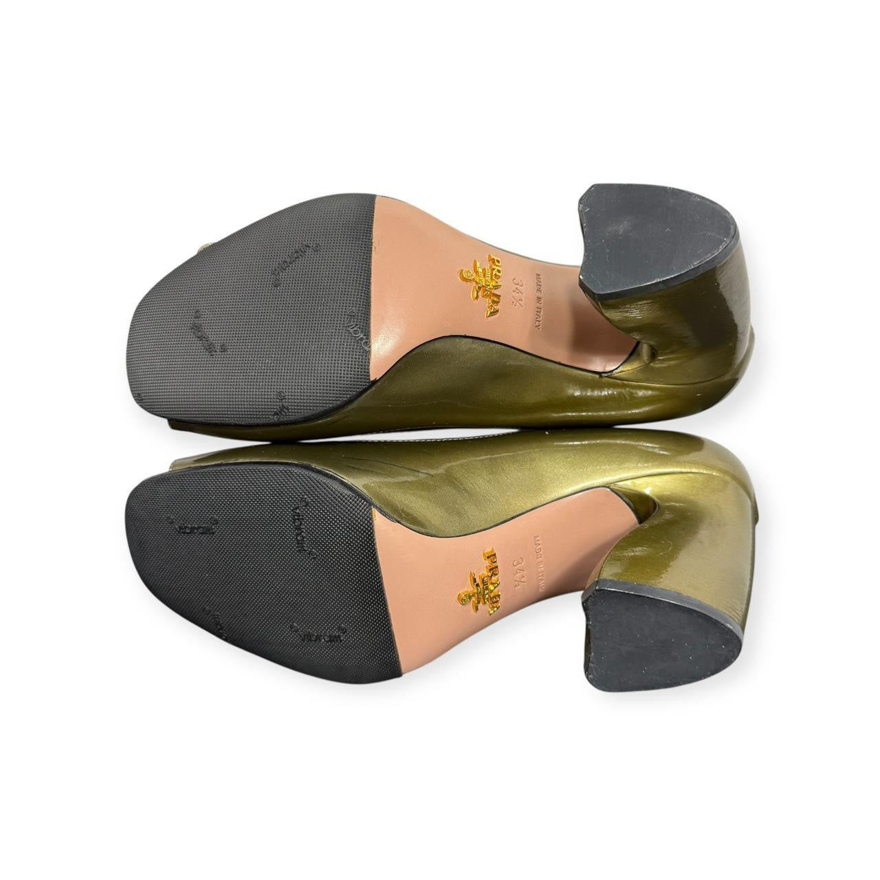 prada metallic green patent leather button heels