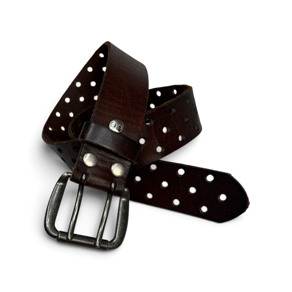 bed stu mccoy dark brown distressed leather perforated double prong belt