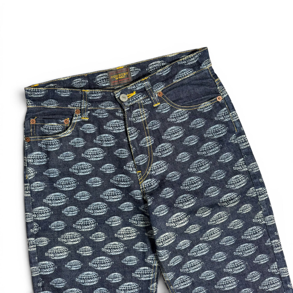 vintage ozone community all over print globe logo flared japanese denim