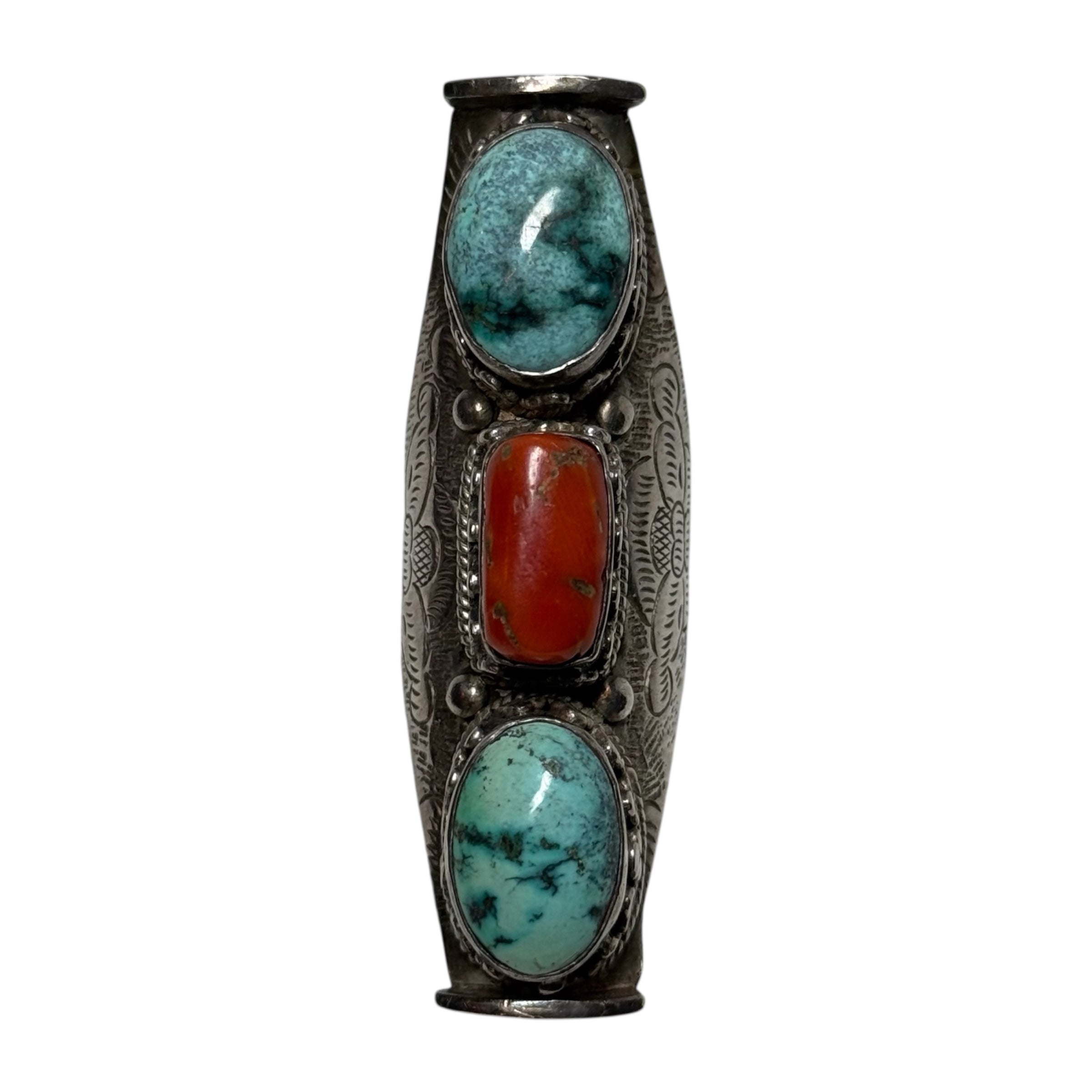 vintage tibetan silver turquoise & coral long ring