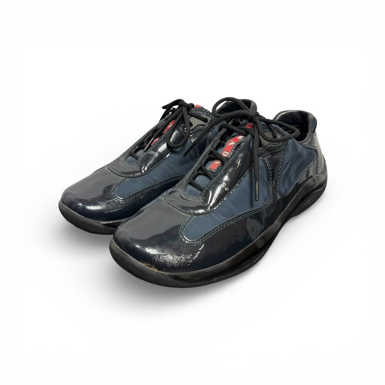 prada america’s cup navy blue patent leather sneakers
