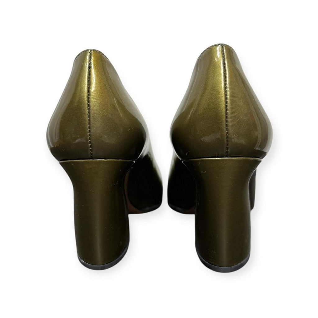 prada metallic green patent leather button heels
