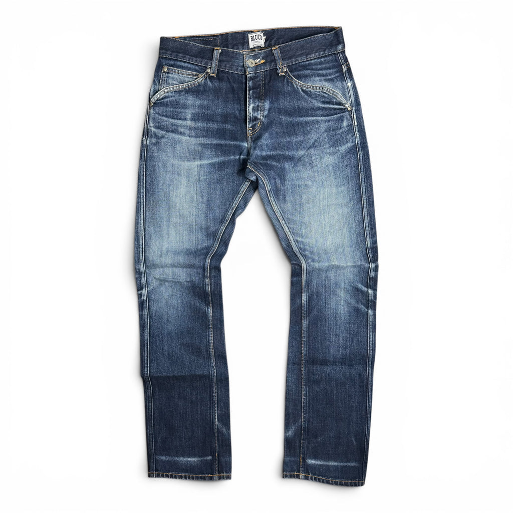 bluco work garment standard distressed indigo japanese denim button fly jeans