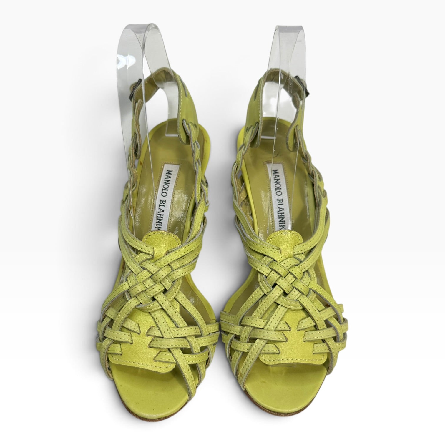 vintage manolo blahnik lime green woven leather strappy heels