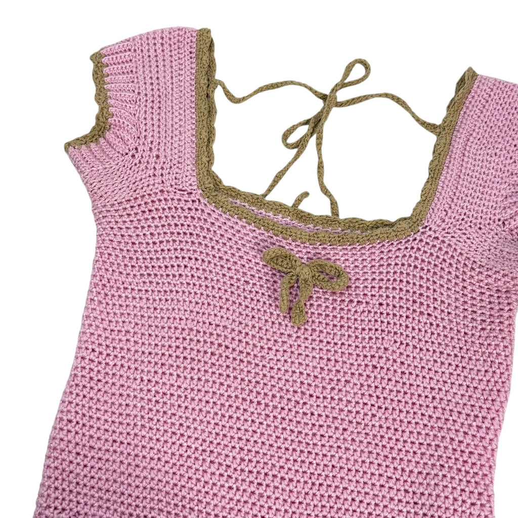 pink crochet knit olive bow trim cap sleeve milkmaid top