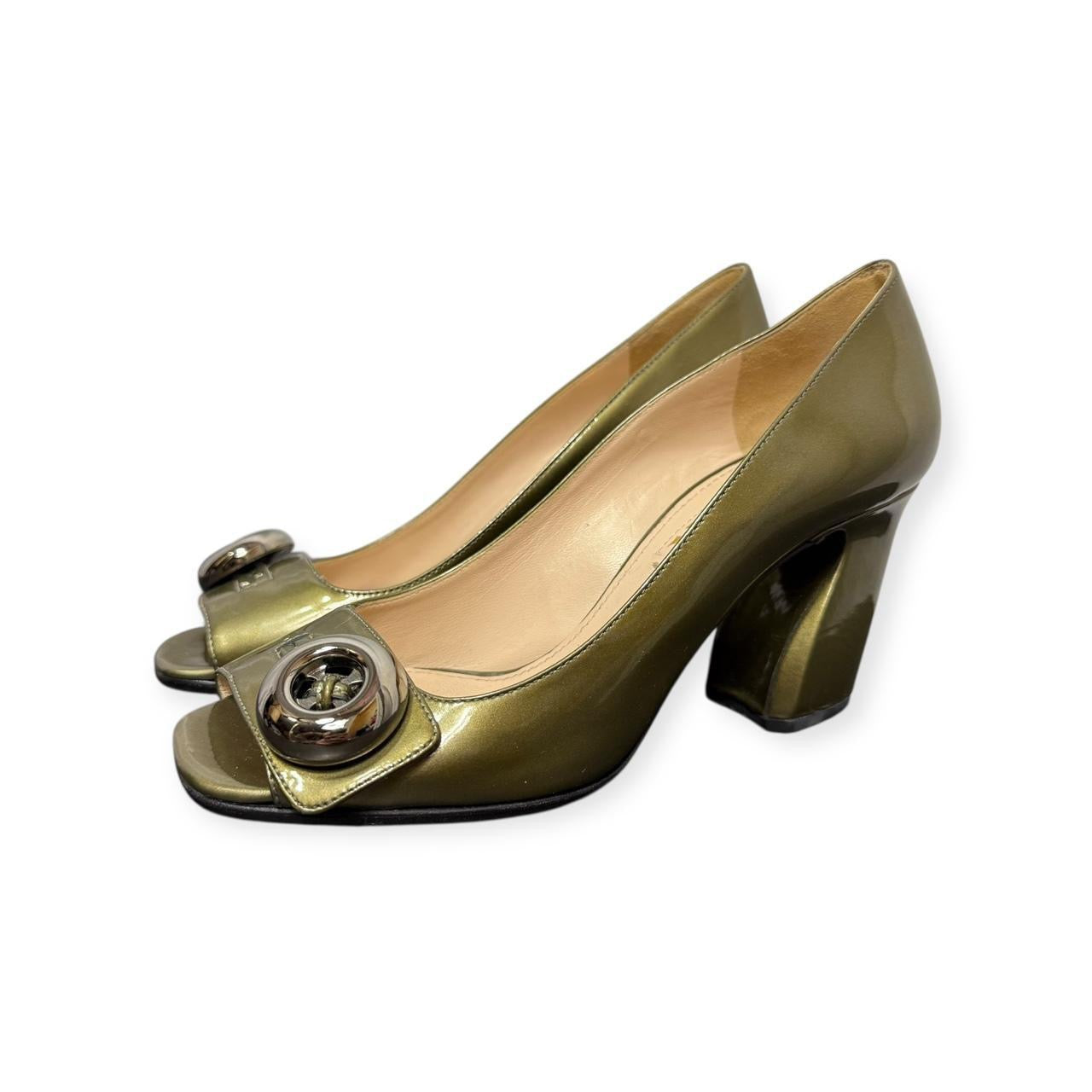 prada metallic green patent leather button heels