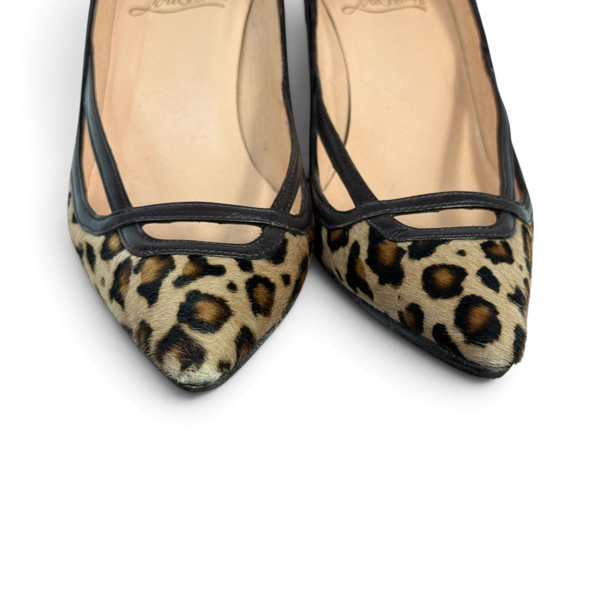 christian louboutin leopard print calf hair pointed toe kitten heel pumps with box + dust bag