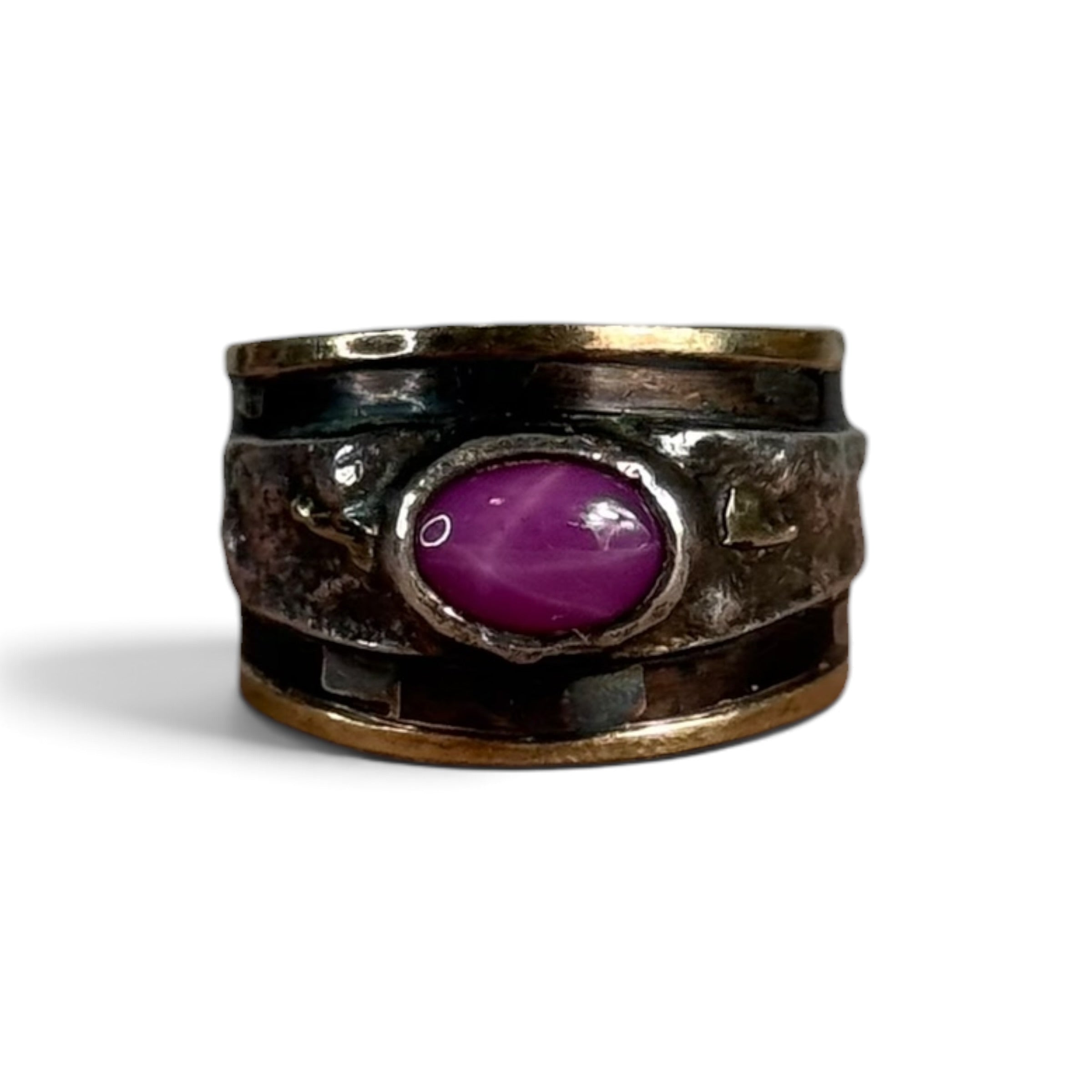 vintage shins japanese artisan K18 gold + silver synthetic star ruby textured band ring