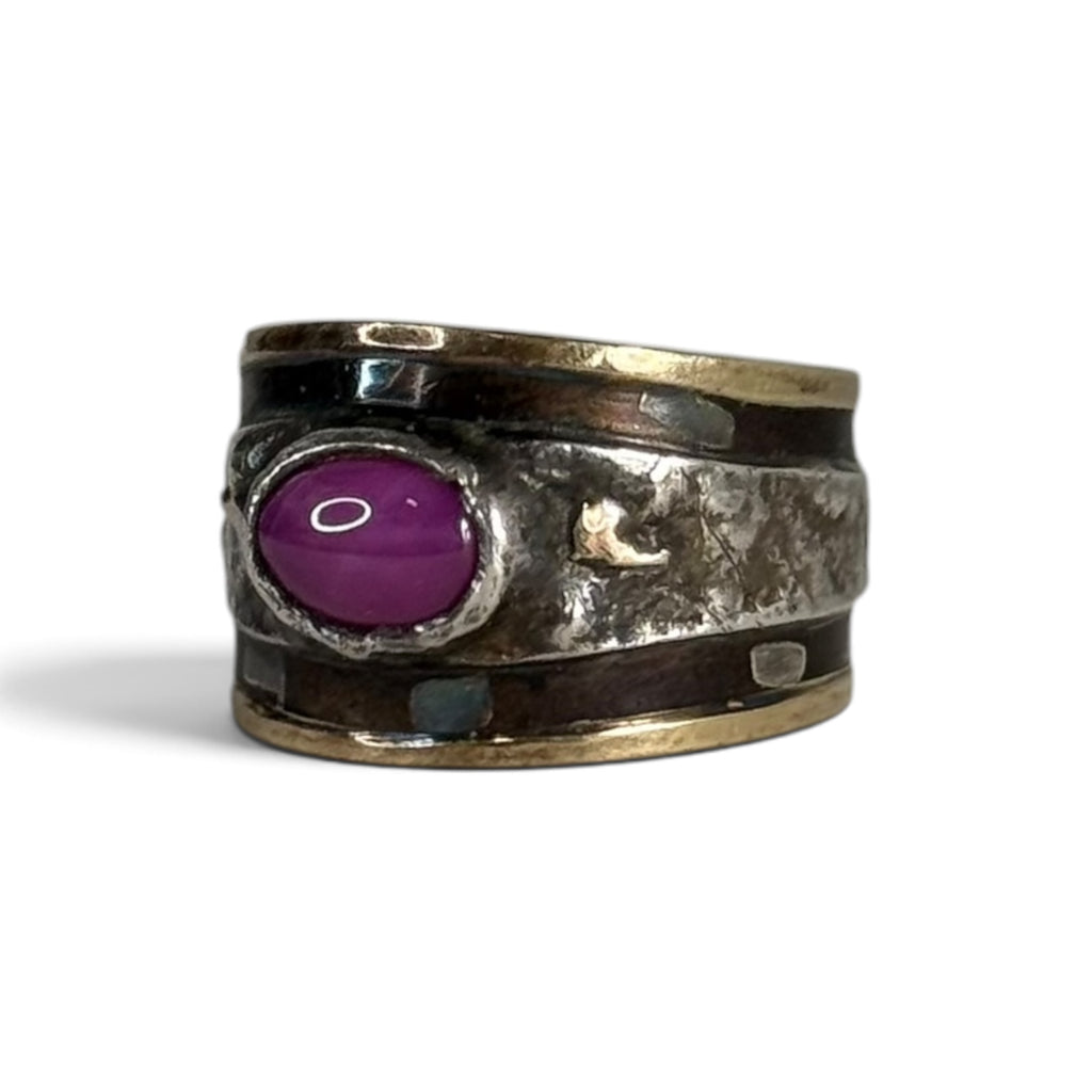 vintage shins japanese artisan K18 gold + silver synthetic star ruby textured band ring