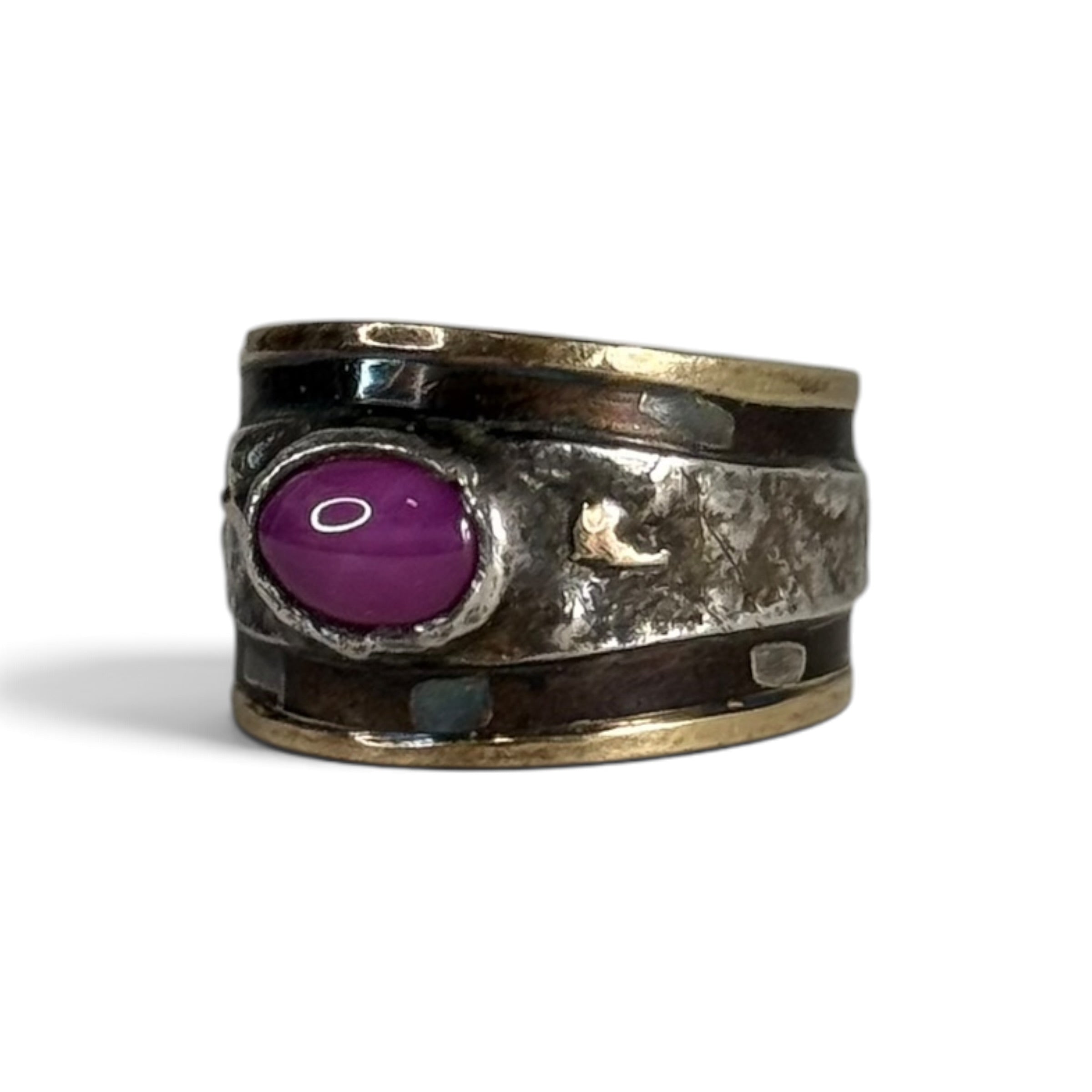 vintage shins japanese artisan K18 gold + silver synthetic star ruby textured band ring