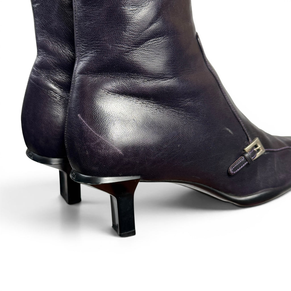 vintage prada square toe dark purple leather mid calf boots