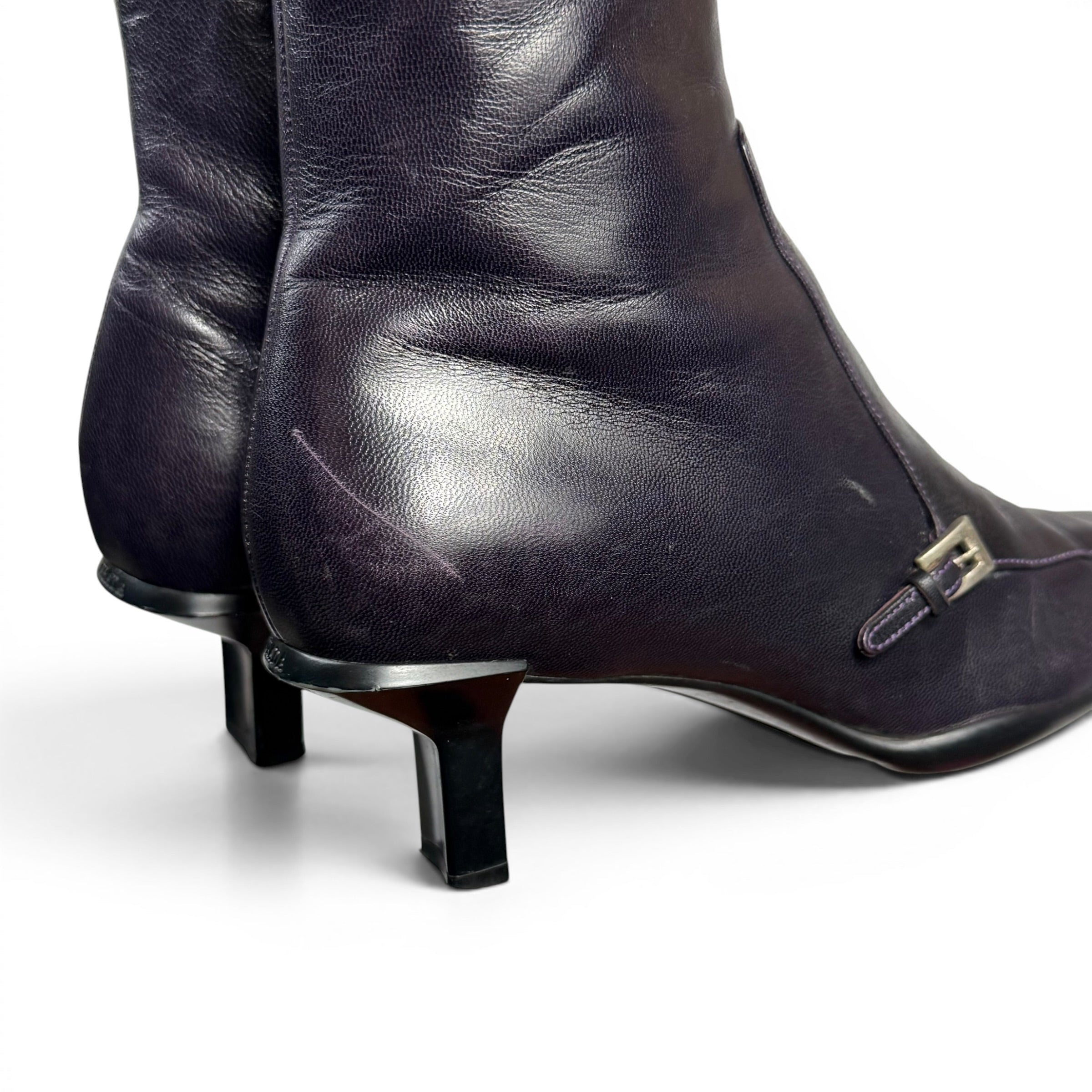 vintage prada square toe dark purple leather mid calf boots