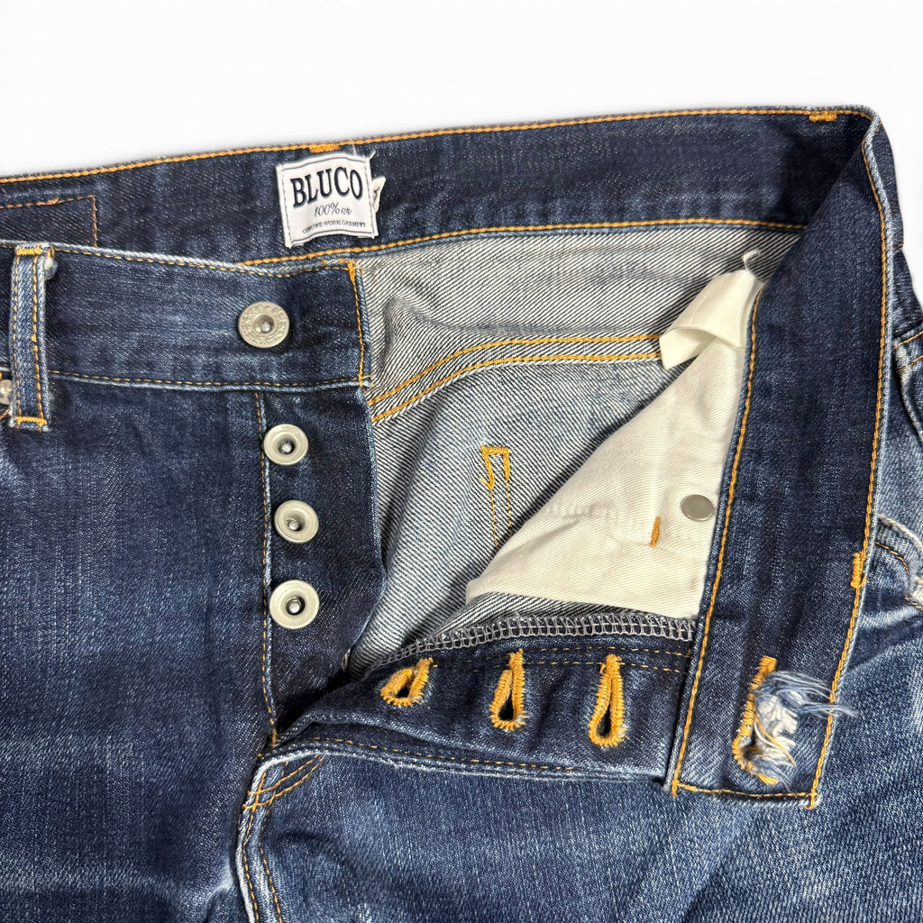 bluco work garment standard distressed indigo japanese denim button fly jeans
