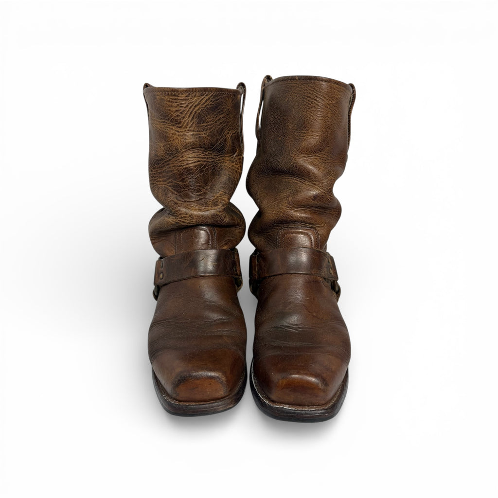 vintage 80s frye distressed leather mid calf harness boots
