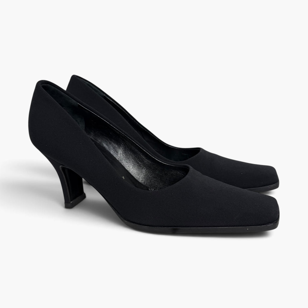vintage 1990s prada black tessuto nylon square toe block heel pumps
