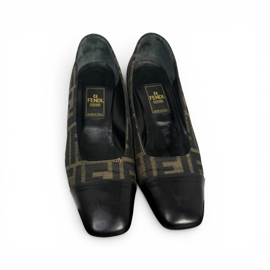 vintage fendi zucca monogram canvas + black leather cap toe block heel pumps