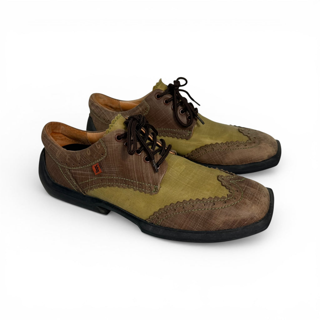 john fluevog charles future angel green + brown wingtip brogues