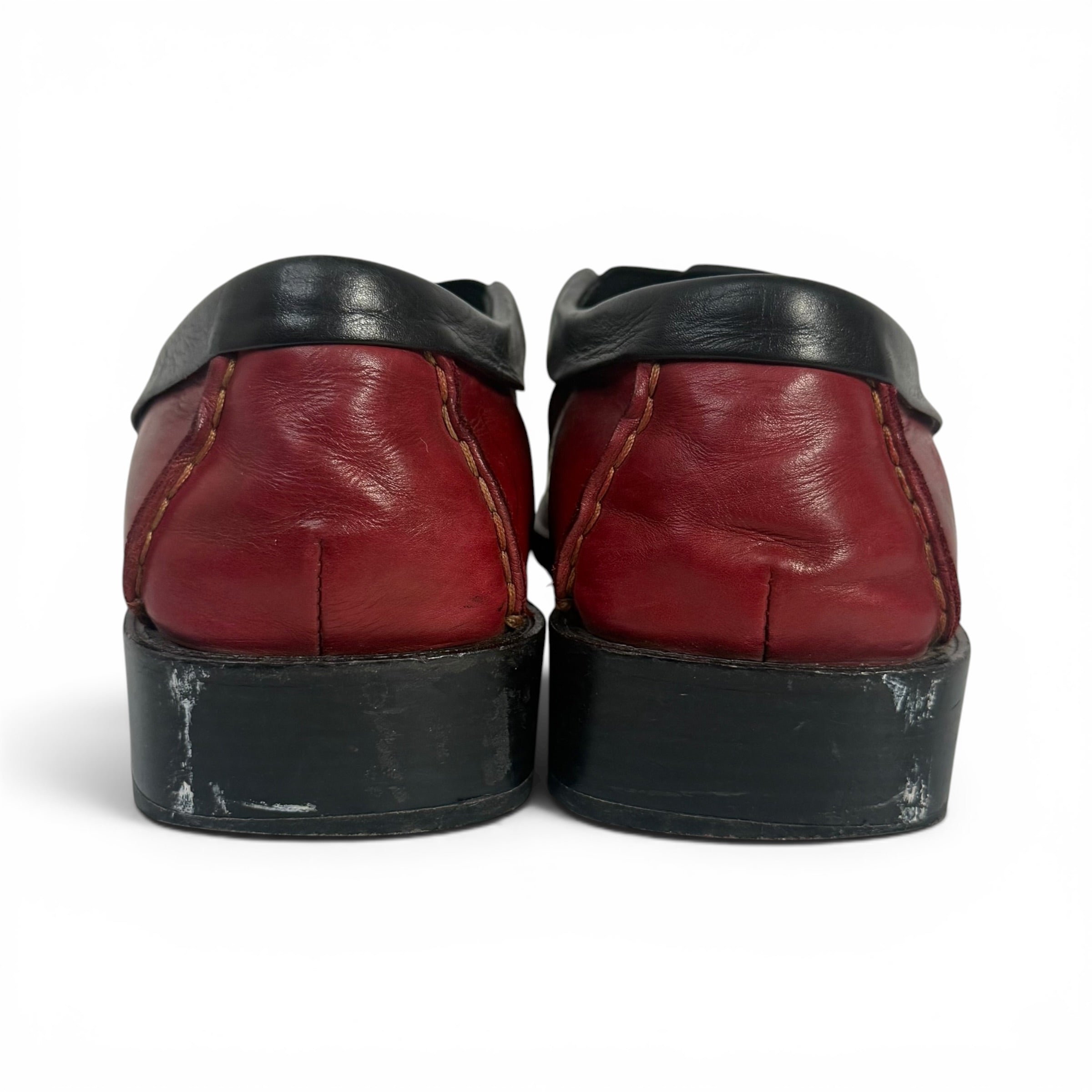 everybody bz moda red + black italian leather slip on square toe loafers