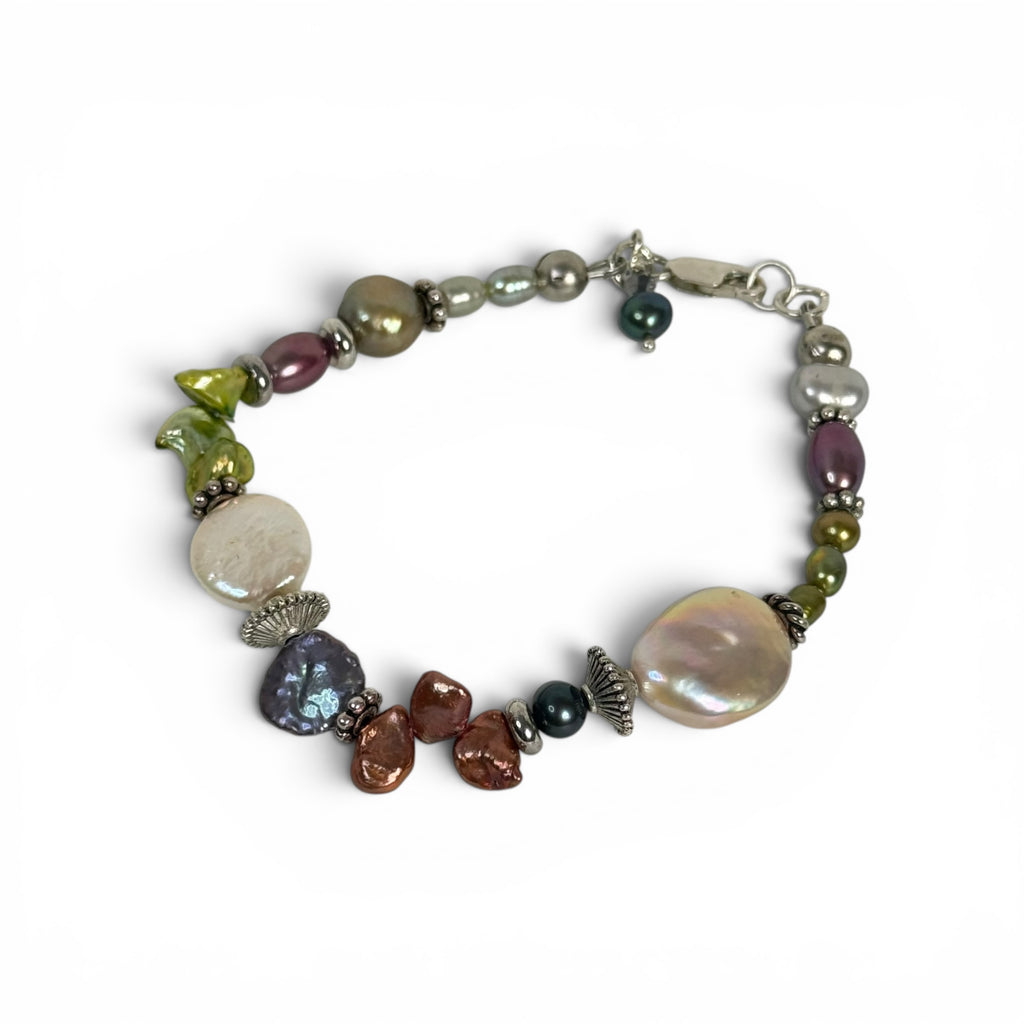 artisanal 925 sterling silver multicolor baroque pearl beaded 8” bracelet