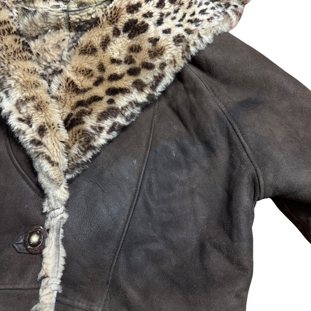 vintage delino sheepskin shearling hooded brown suede leopard fur lined coat