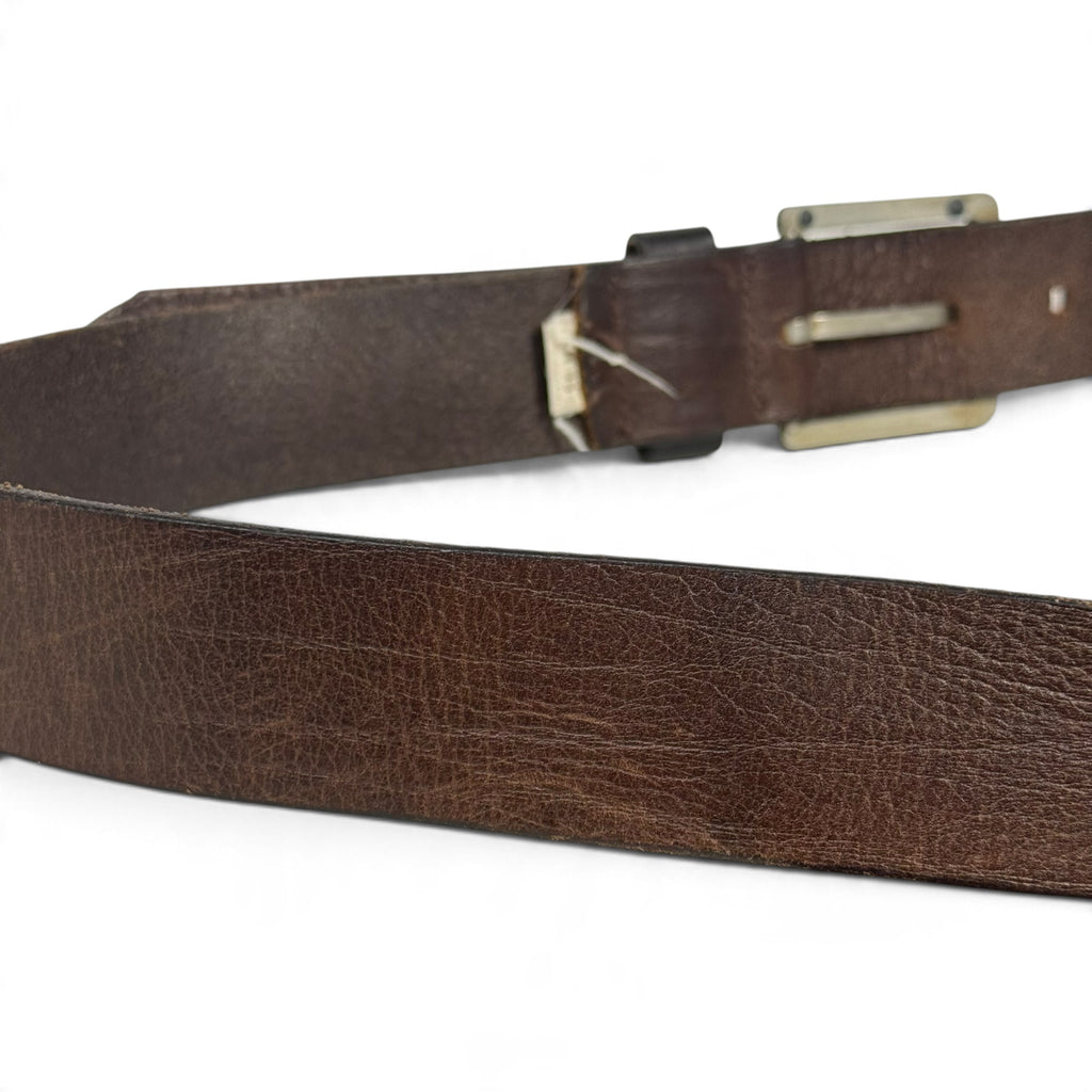 vintage diesel embossed metal logo buckle brown leather belt