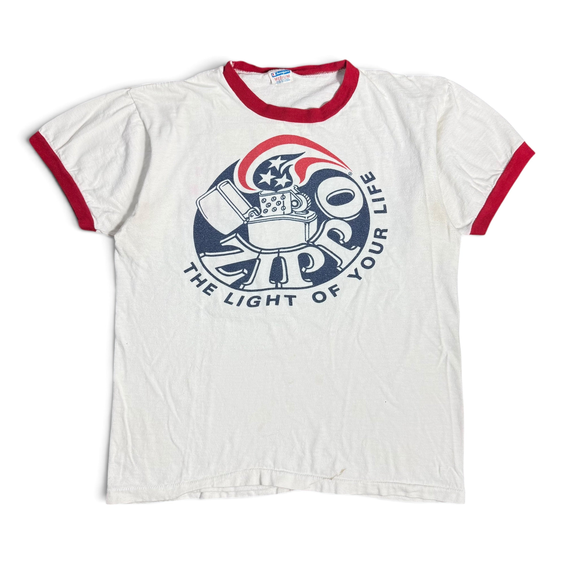 vintage 70s champion blue bar zippo lighter ringer tee