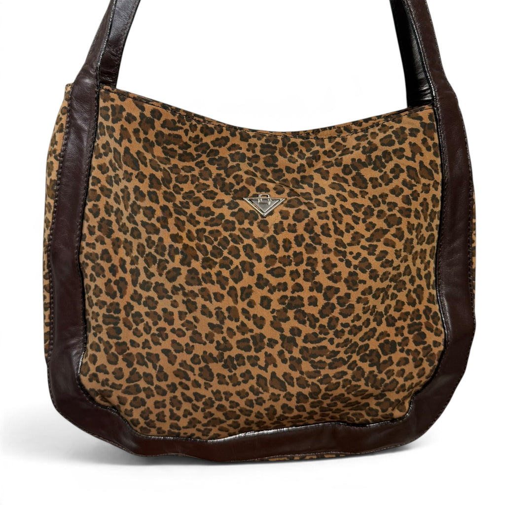 vintage bottega veneta leopard print canvas + leather shoulder bag