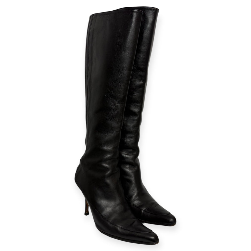 vintage 90s manolo blahnik black leather pointed toe kitten heel boots