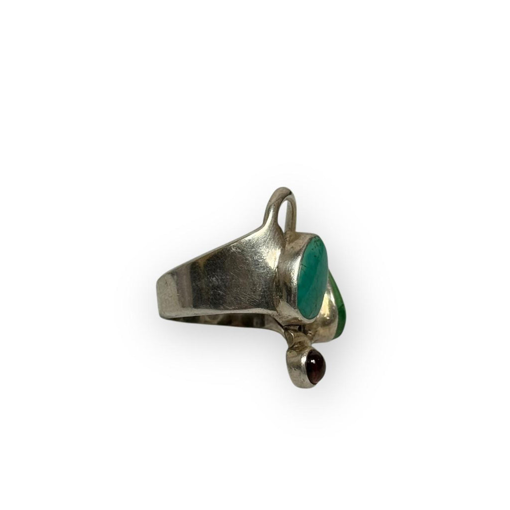 vintage artisanal sterling silver turquoise & garnet multi stone asymmetrical ring