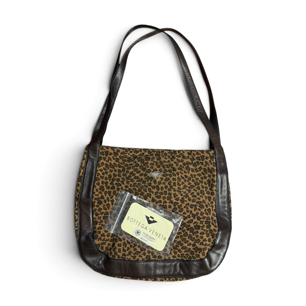 vintage bottega veneta leopard print canvas + leather shoulder bag