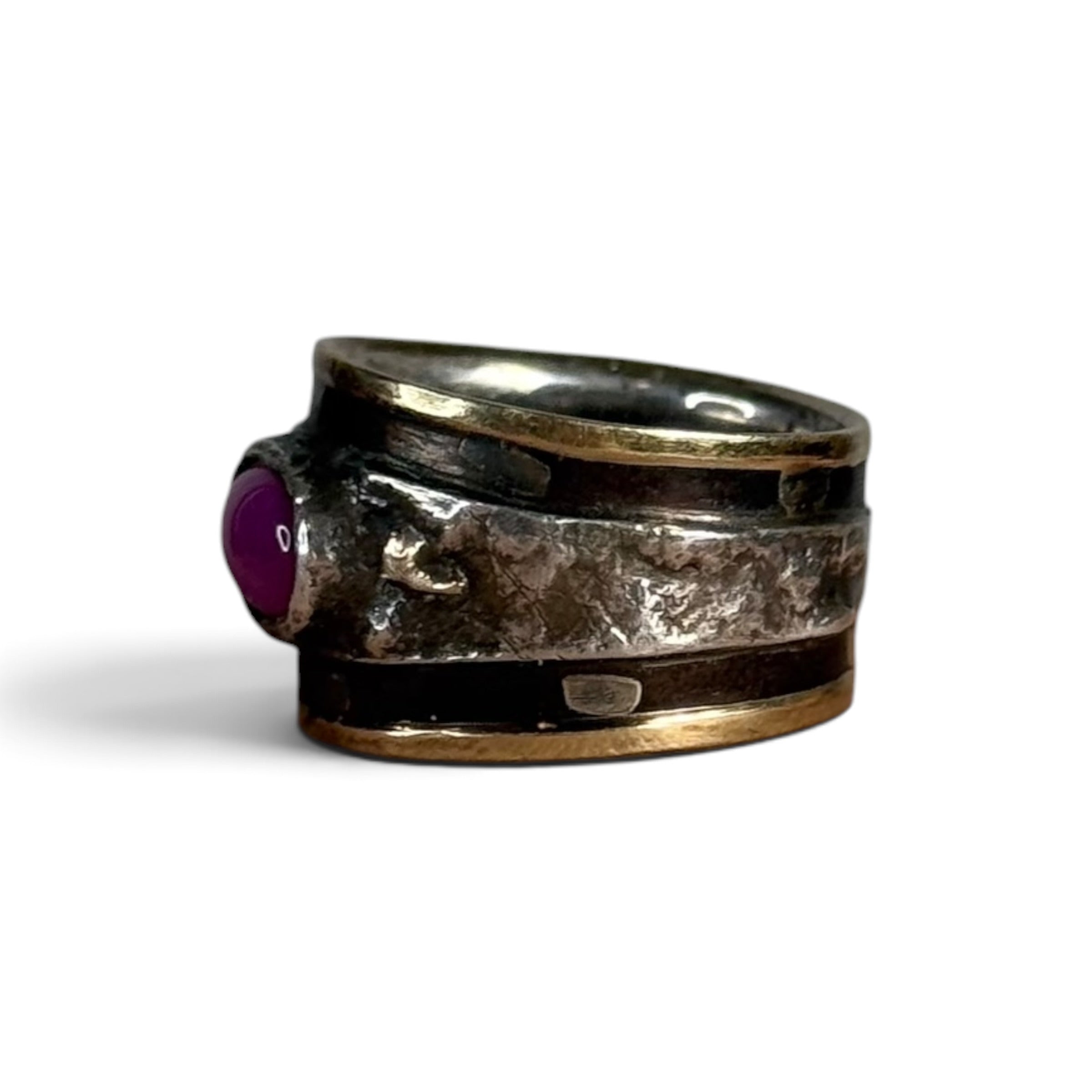 vintage shins japanese artisan K18 gold + silver synthetic star ruby textured band ring