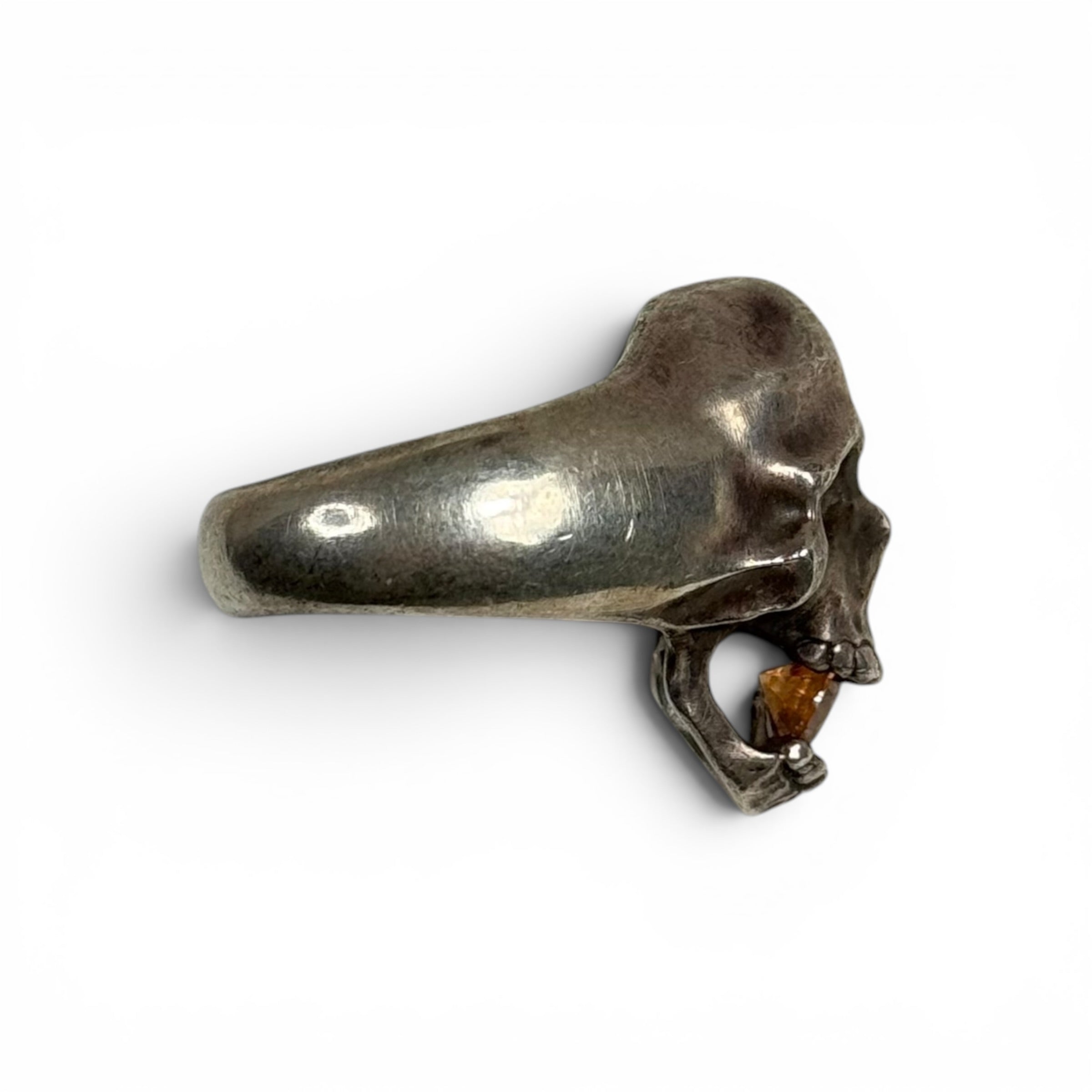 japanese heavy silver skull ring with citrine set stone