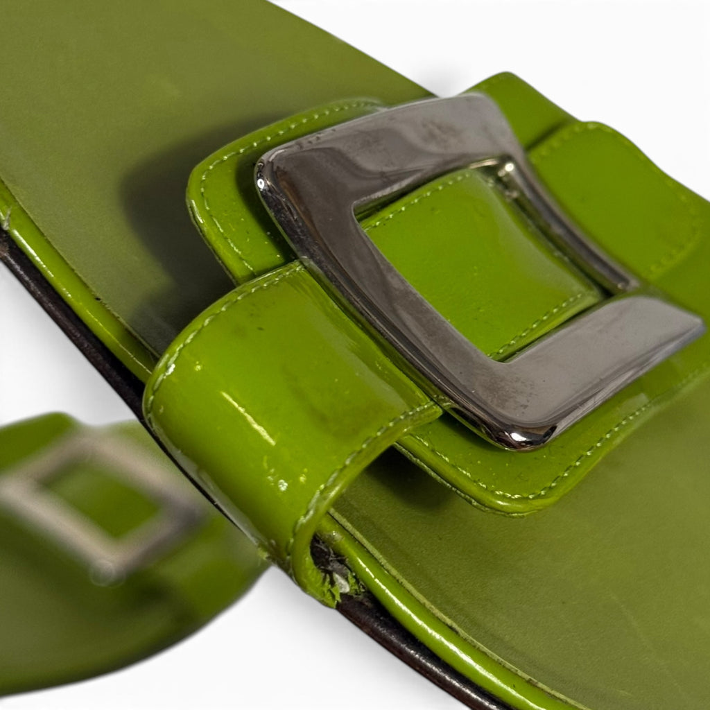 roger vivier green patent leather silver buckle slide sandals