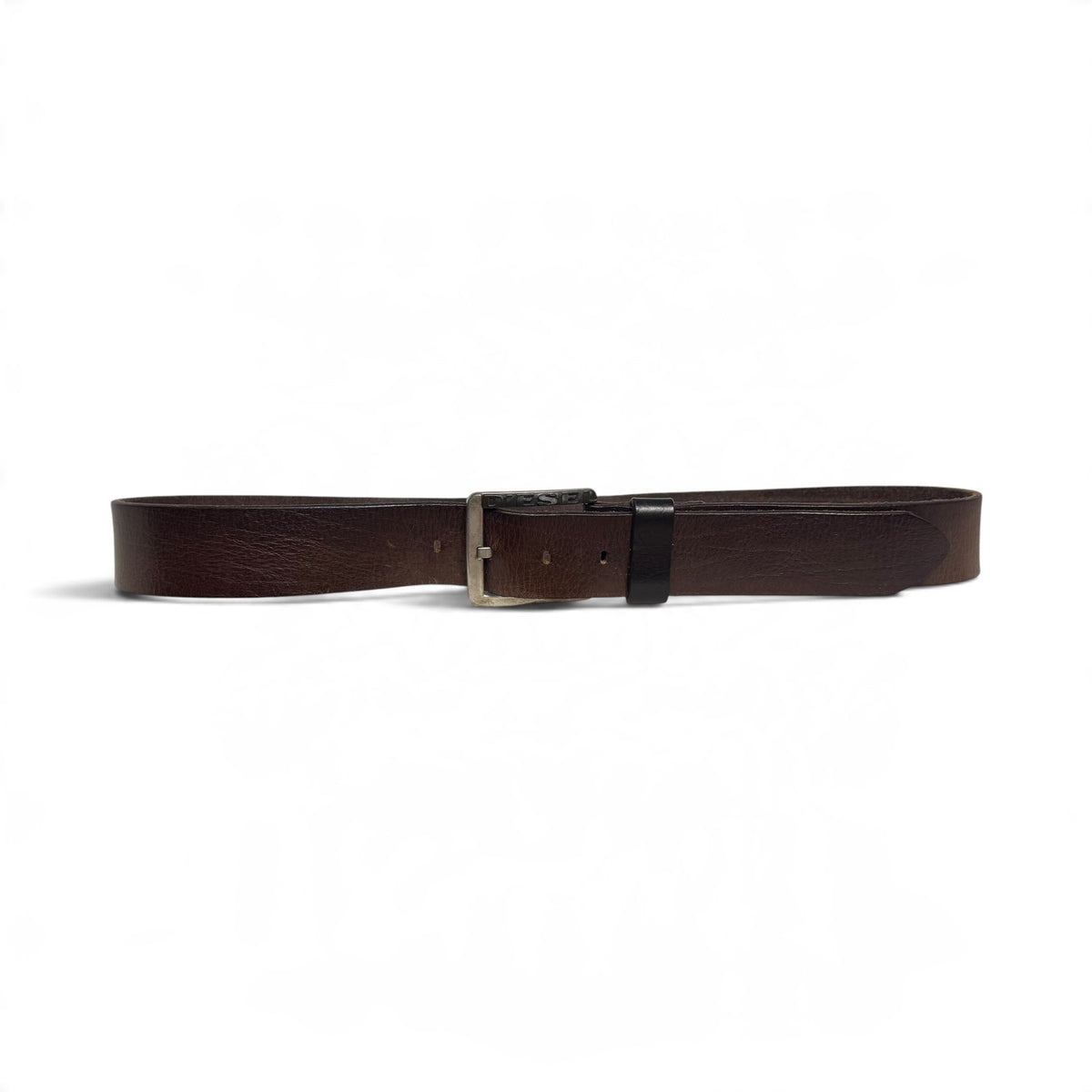 vintage diesel embossed metal logo buckle brown leather belt