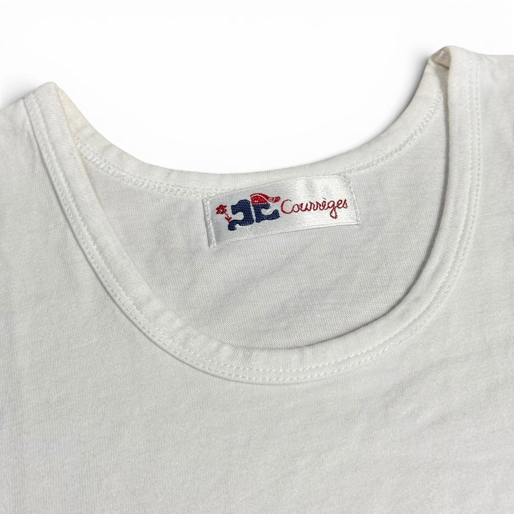 vintage 2000s courrèges paris white tank top with glittery gold spellout
