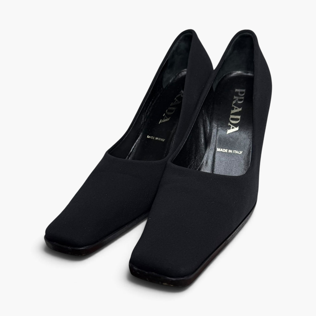 vintage 1990s prada black tessuto nylon square toe block heel pumps