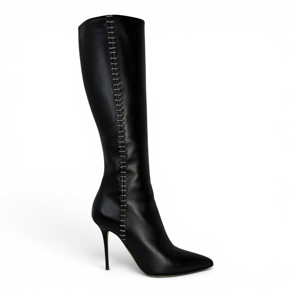 manolo blahnik takala black leather knee high boots with stitch detailing