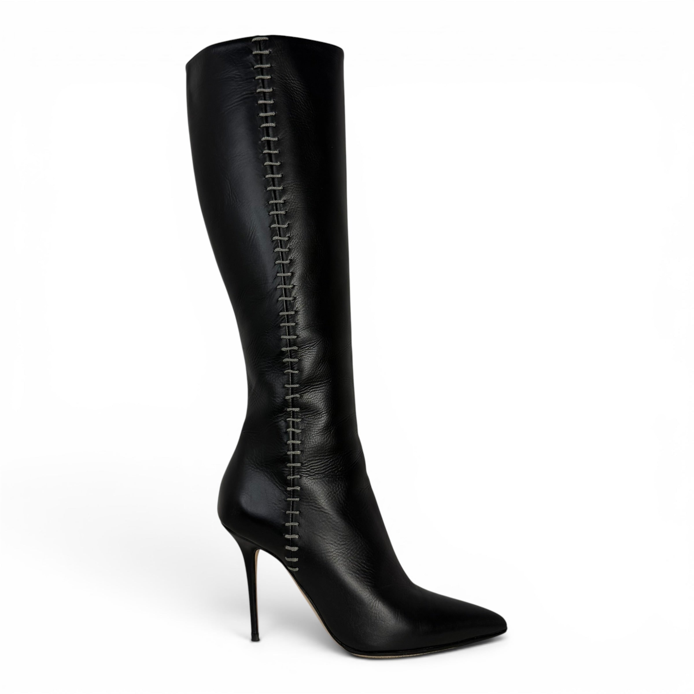 manolo blahnik takala black leather knee high boots with stitch detailing