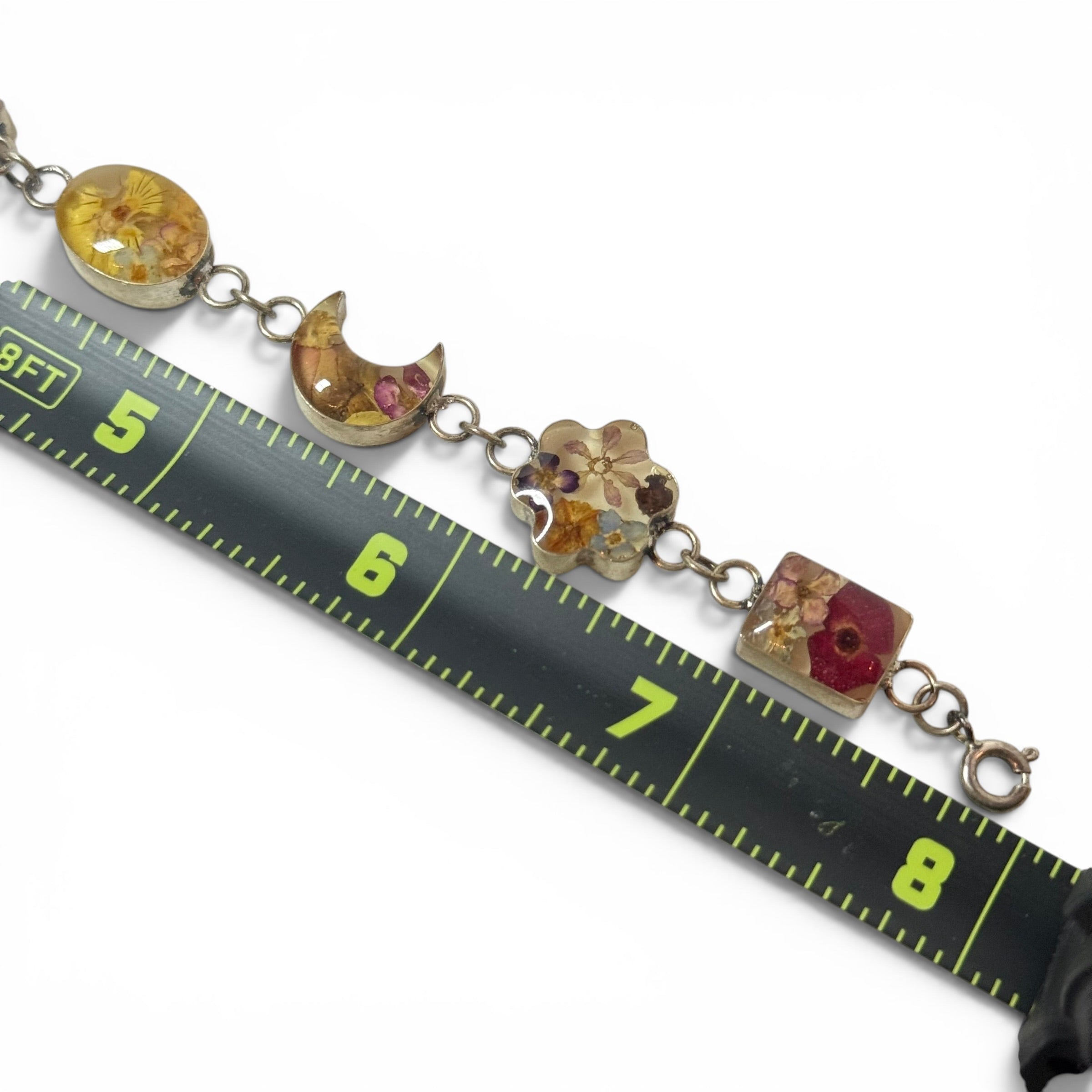 vintage 925 sterling silver dried flower multi shape 8” bracelet