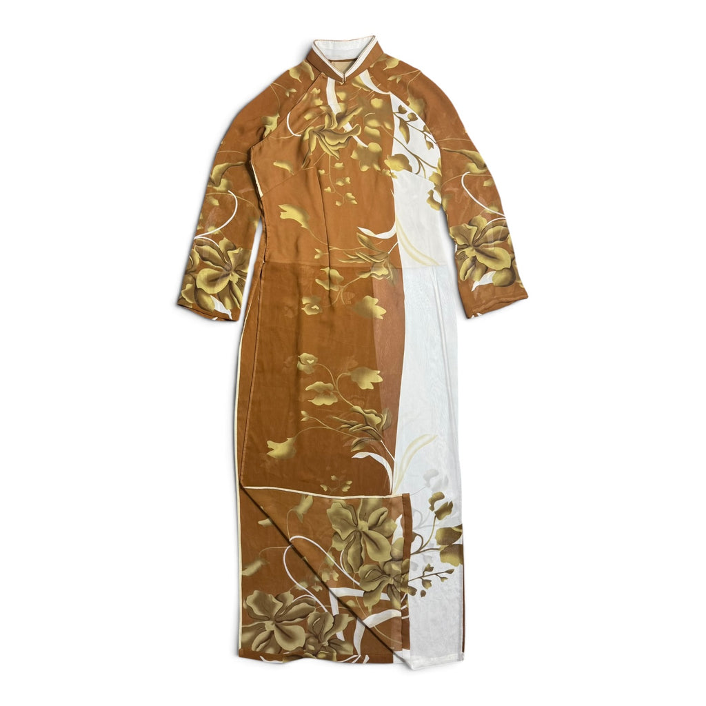 vintage handmade floral ao dai chiffon mandarin collar + high split tunic dress