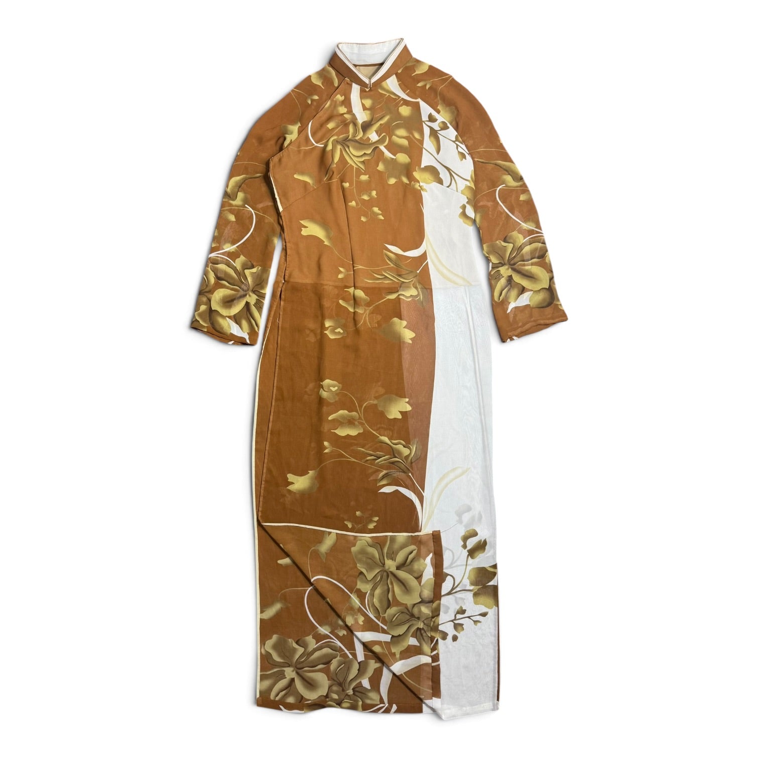 vintage handmade floral ao dai chiffon mandarin collar + high split tunic dress