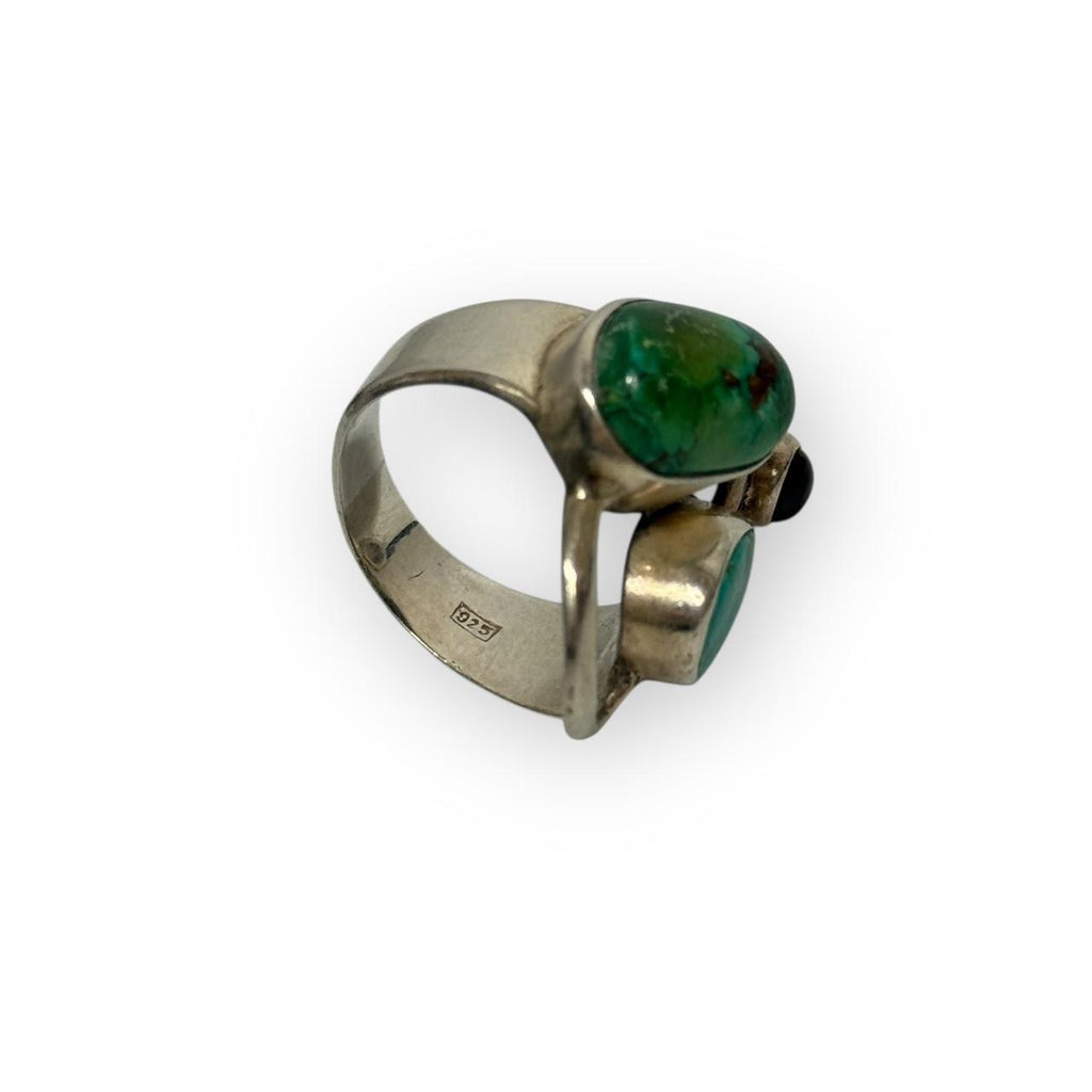 vintage artisanal sterling silver turquoise & garnet multi stone asymmetrical ring