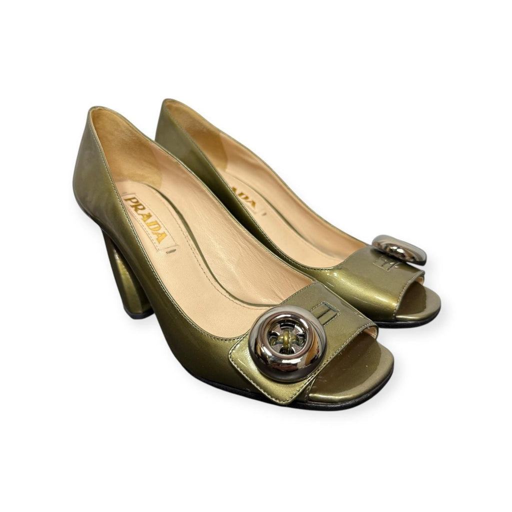 prada metallic green patent leather button heels