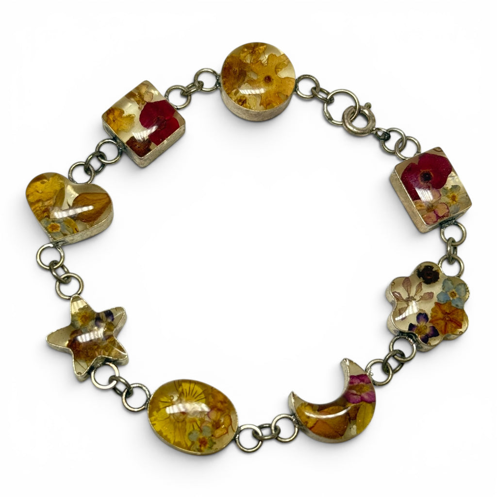 vintage 925 sterling silver dried flower multi shape 8” bracelet